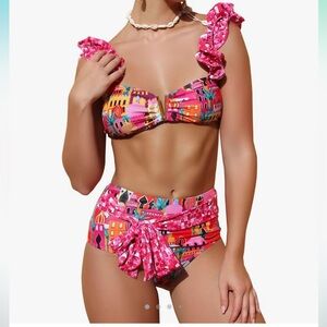 SPORLIKE Women High Waisted Swimsuit Flounce Straps Bikini Bathing Suit